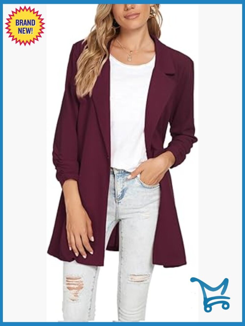 Women's Ruched 3/4 Sleeve Blazer Open Front Lightweight Slim Lapel Work Jacket